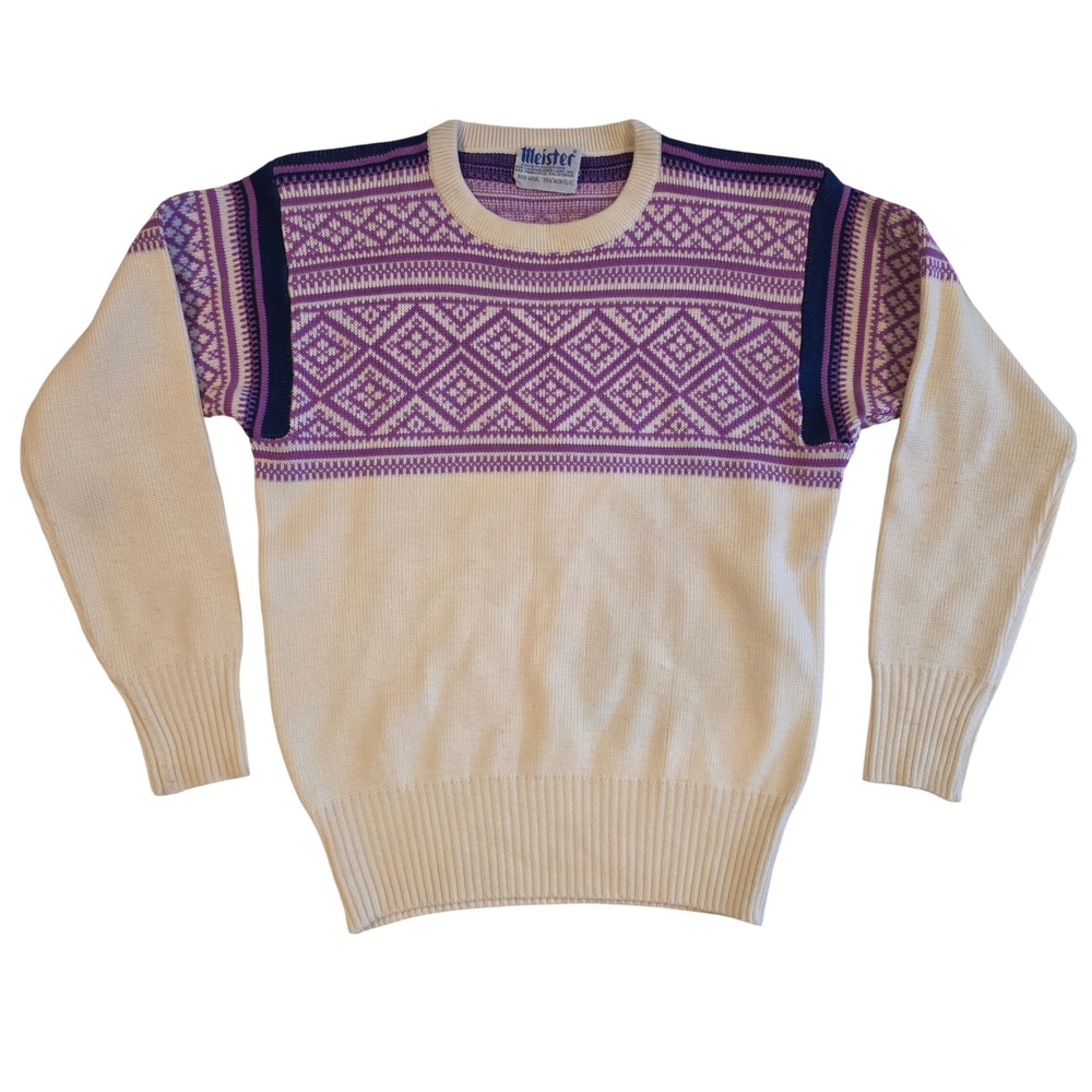 Vintage 70s 80s Meister Nordic Fair Isle Ski Sweater Purple Cream Wool Blend